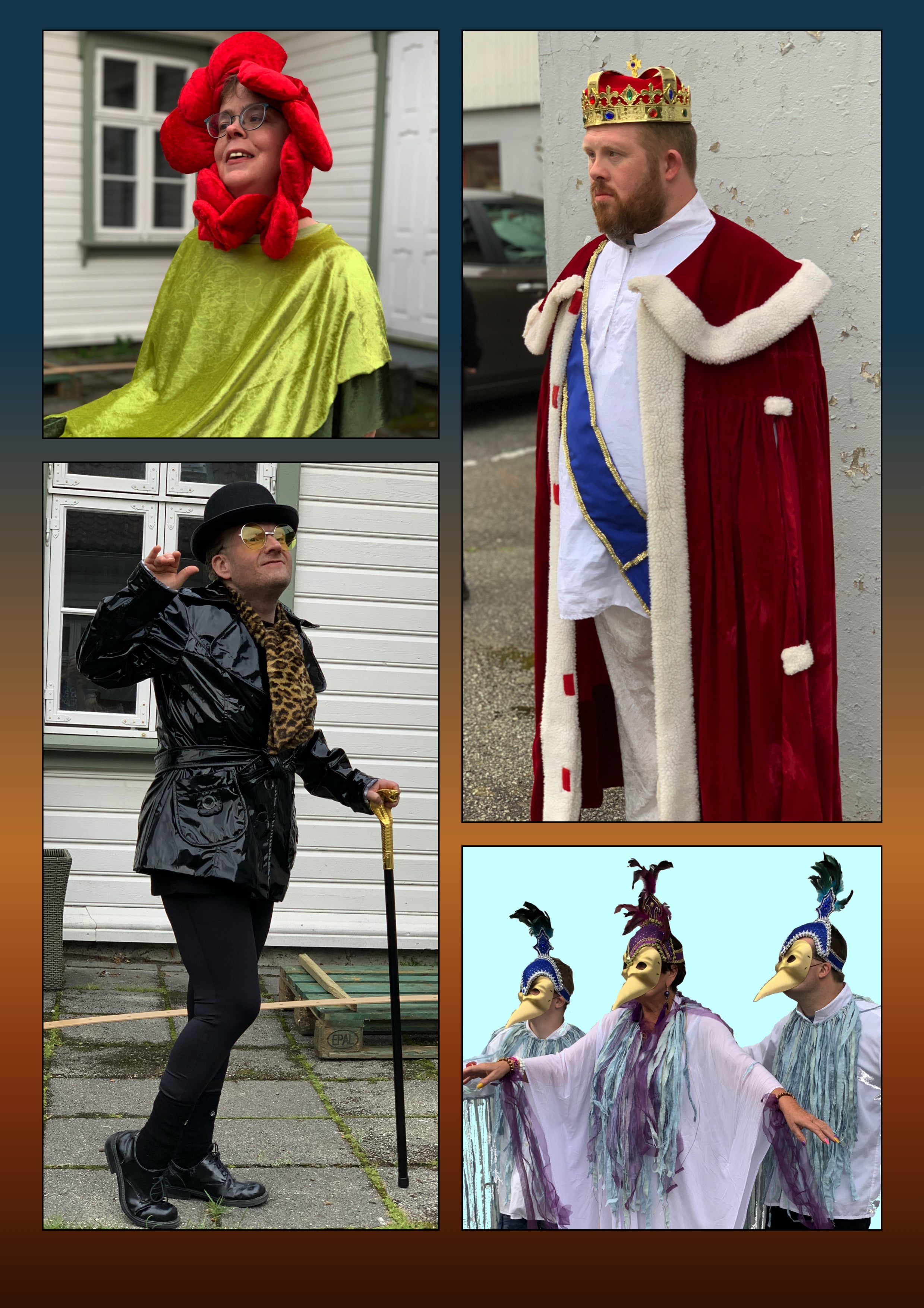 Teater EgenArt under kostymeprøve. Rosen, Slangen, Kongen og Fuglene som Prinsen reiser med.  Foto: Margaret Lima